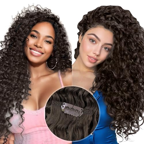 Hetto Curly Clip in Hair Extensions Human Hair 18inch 120g 7pcs #2 Darkest Brown Curly Clip in Human Hair Extensions Natural Wavy Clips in Extension Human Hair