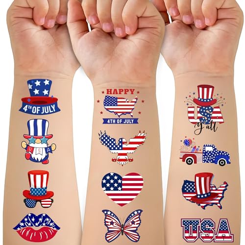 50 PCS Fourth of July Temporary Tattoos for Kids, Red White and Blue Themed Tattoos for Birthday Party Supplies USA Flag Memorial Day Independence Day Labor Day Tattoo Stickers for Kids Boys Girls
