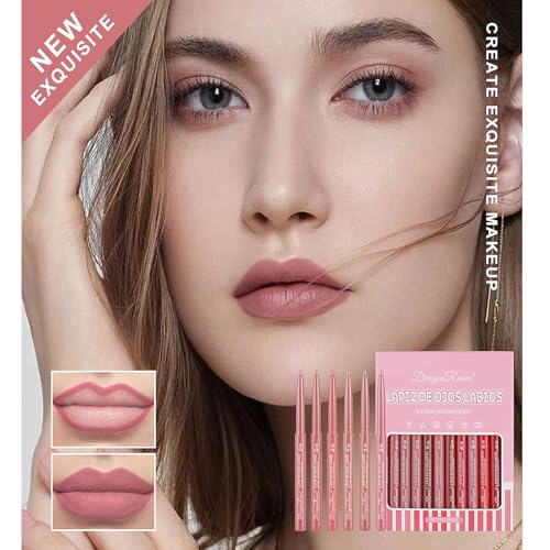 12 Colors Lip Liner Combo, Matte Lipstick Lip Liner Set, long-lasting Lip Pencil Waterproof & Non-Stick Cup, Smooth Texture High Pigmented Natural Lip Pen Makeup Gift