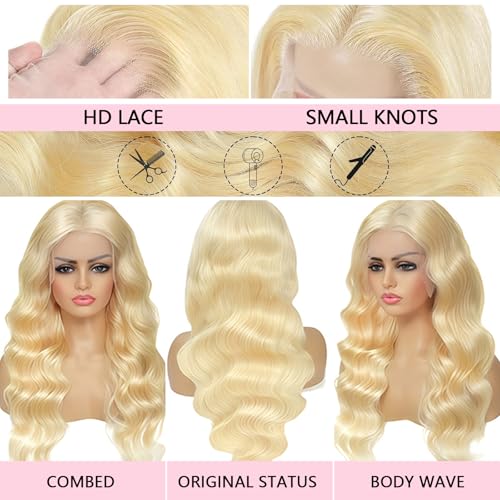 613 13x4 Lace Front Wig Human Hair 200 Density 22 Inch Body Wave Blonde HD Lace Front Wigs Human Hair Pre Plucked with Melted Hairline Tiny Knots Soft Texture Tangle Free Shedding Free Triple Lifespan