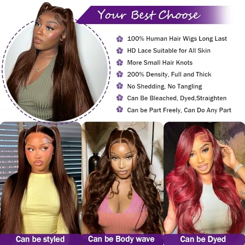 22 Inch Brown Wig Human Hair 200 Density 13x6 Transparent HD Straight Lace Front Wigs Human Hair Pre Plucked Colored Frontal Wigs Human Hair Chocolate Brown Wig Human Hair Wigs for Women