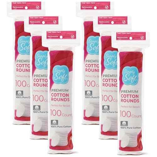 Simply Soft Premium Cotton Rounds, 100% Pure Cotton, Absorbent Cotton Pads, 100 Count (Pack of 6)
