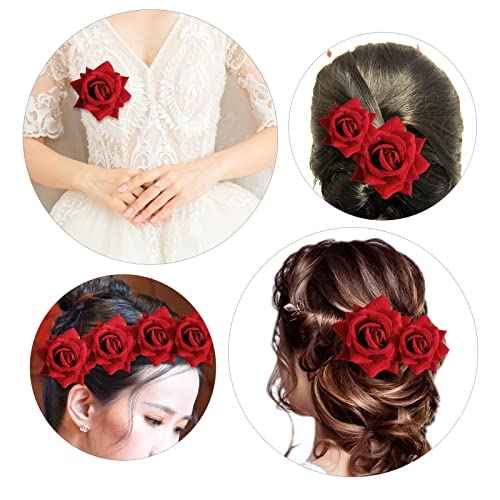 8 Pcs Rose Hair Clip Flower Hairpin Floral Clips, 2.75" Rose Flowers Mexican Hair Flowers Pin up Headpieces for Woman Girl Halloween Wedding Party Valentine Mother's Day Gift (Red)