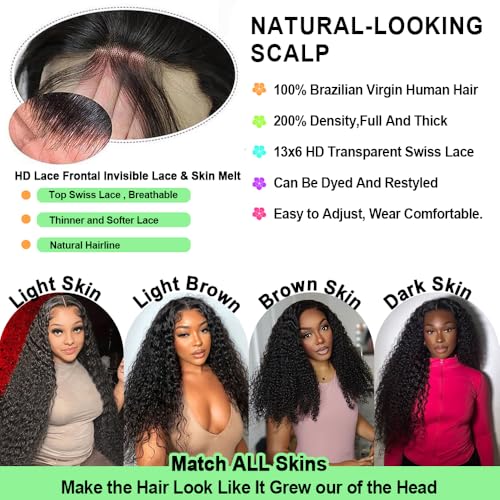 13x6 Deep Wave Lace Front Wigs Human Hair 200 Density HD Lace Front Wigs Human Hair Glueless Deep Curly Wig Frontal Wigs Human Hair Pre Plucked for Women 24inch