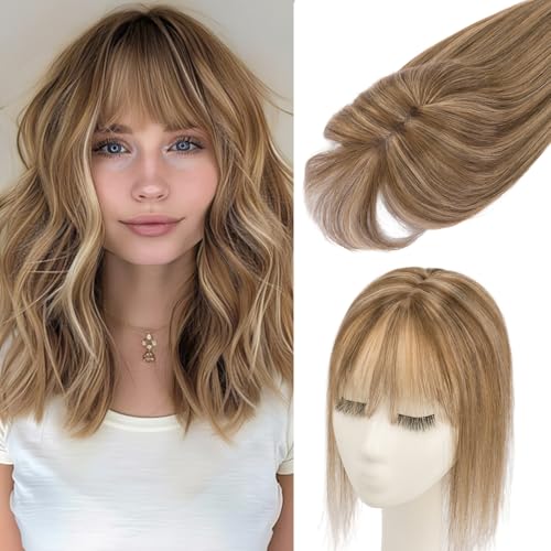 Rich Choices Hair Toppers for Women Real Human Hair 360¡Æ3D Clip in Bangs 100% Remy Human Toppers with Bang for Thinning 150% Density Lace Base 08 Inch #4P27 Medium Brown Highlight Dark Blonde
