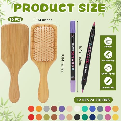 16 PCS Bamboo Hair Brush for Hair Growth Natural Bamboo Paddle Hairbrush with 12 Multicolor Pens Massaging Scalp Brush for Women Men Detangling Curly Thick Wavy Hair DIY Gift for Crafts