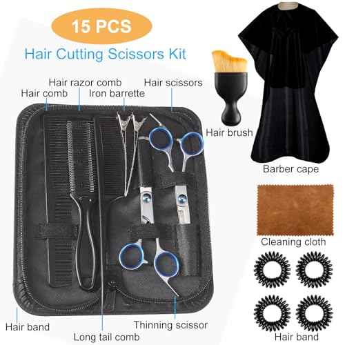 15 pcs Hair Cutting Scissors Professional, Thinning Shears for Hair Cutting, Stainless Steel Barber Scissors, Lengnoyp Haircut Scissors Hair Cutting Kit for Women, Men