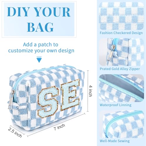 SOIDRAM Checkered Makeup Bag Preppy Cosmetic Bag Bulk Blue Makeup Pouch Personalize Travel Toiletry Bag Organizer Cute DIY Makeup Brushes Storage Bag for Women