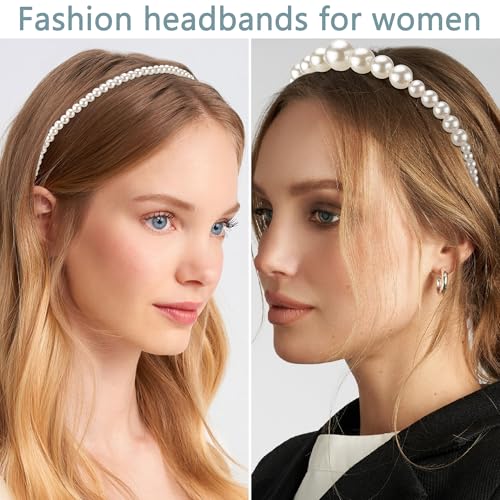 CUBACO 6 PCS Pearl Headband for Women White Headbands for Girl Jeweled Head Bands for Thin Thick Hair Fashion Rhinestone Hairband Bridal Beaded Headpiece Non Slip Hair Accessories for Party Wedding