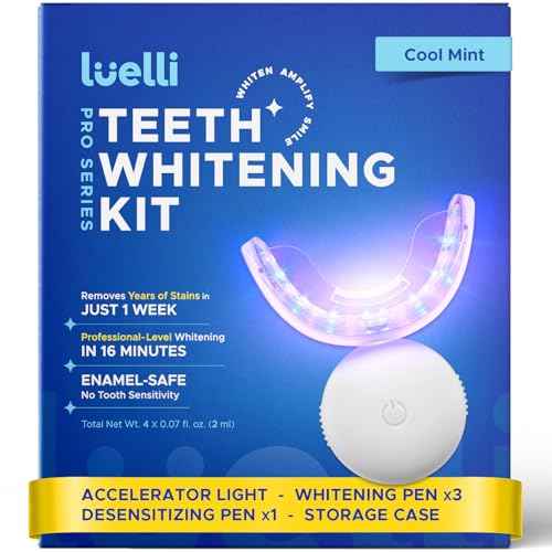 Luelli Teeth Whitening Kit with 35% Carbamide Peroxide - Teeth Whitener for Sensitive Teeth | Enamel Safe - 32 LED Lights - Wireless with Tray and Whitening Gel Pen for Home | Travel (Cool Mint)