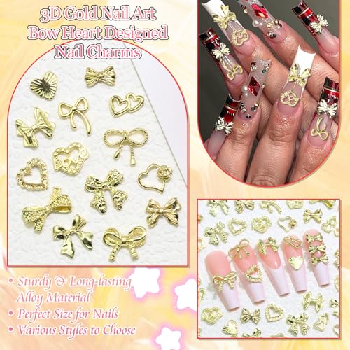 BELICEY 110Pcs Bow Heart Nail Charms Gold 3D Metal Bow Charm for Nails Flatback Heart Bowknot Nails Decoration Cute Nail Bows for Women Manicure DIY Nail Art Design Crafts