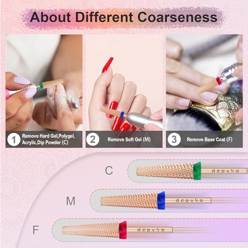 Depvko Super Long 5 in 1 Nail Drill Bits, 3/32'' Carbide Tungsten Bits, Two Way Rotate Professional Advanced Safety Bits for Nail, Fast Remove for Manicure Pedicure (Long 5in1-Rose Gold, Fine-F)