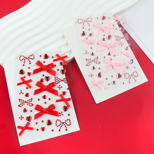 Heart Face Gem Rhinestone Stickers Red Pink Bow Ribbon Acrylic Jewels Stickers Self-Adhesive Hair Gems for Nail Eye Body Makeup, Decorative Stickers for Valentine's Day, Wedding, Craft