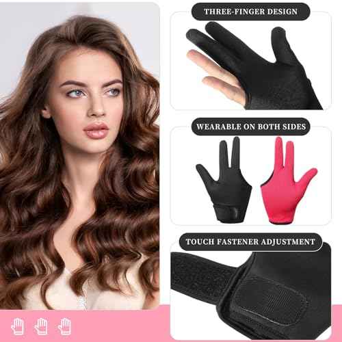 Geyoga 2 Pcs Heat Resistant Gloves for Hair Styling 3 Finger Barber Gloves Reusable Curling Wand Heat Protector for Hair Dye(Black, Rose Red)