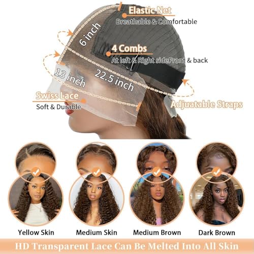 Chocolate Brown Lace Front Wigs Human Hair 13x6 Deep Wave Lace Front Wigs Human Hair 200 Density HD Colored Deep Curly Lace Frontal Wigs for Women Pre Plucked with Natural Hairline (20 inch)