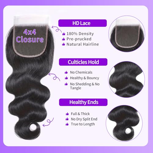 4X4 Body Wave HD Transparent Lace Closure 12 Inch Wet and Wavy 12A Brazilian Virgin Human Hair Lace Closure Natural Black