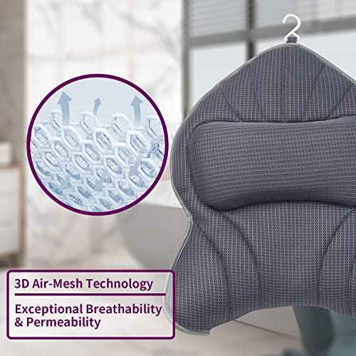 Extra Thick Large Bath Pillow with Neck,Back,Head Support for Bathtub, Spa, Soaking Gray(19''x15'')