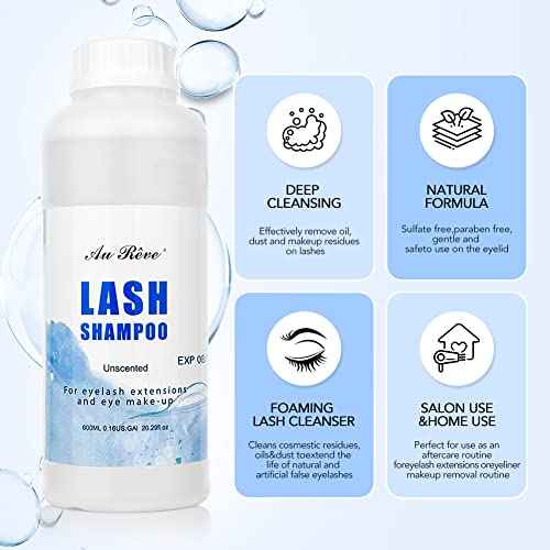 Eyelash Extension Cleanser Lash Shampoo Eyelash Extension Shampoo Lash Foam Cleanser Eyelid Cleanser for Makeup Remover Eyelash Care, Paraben & Sulfate Free for Salon and Home Use (Original 600ml)