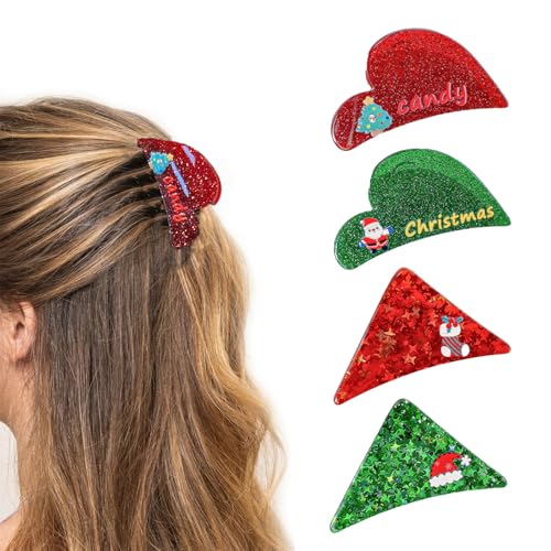 4Pcs Christmas Hair Claw Clips - Sparkly Mini Hair Accessories for Thin Hair Christmas Themed Styling Acrylic Jaw Hair Barrettes Accessories for Women Girls (Red/Green-Christmas)
