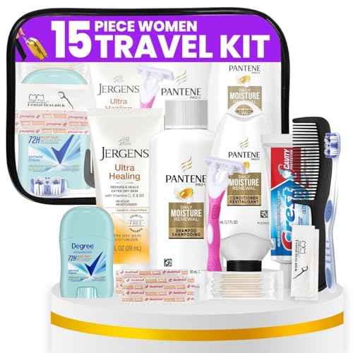 Trektote Travel Toiletry Kit For Women ? 15 Piece Set of Premium Travel Size Toiletries, TSA Compliant Travel Essentials, Includes Shampoo And Conditioner, Body Wash, Toiletry Bag & More