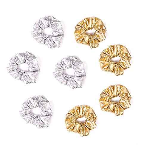 8 Pack Shiny Gold or Silver Color Combo Metallic Festival Christmas Hair Scrunchies Hair Eleastic Bands Scrunchy Hair Ties Ropes Ponytail Holders Wrist Bands for Girls School,Dance,Stage (Color Combo)