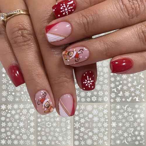 30 Sheets Christmas Snowflake Nail Stickers for Nail Art 3D Self-Adhesive Star Gift Bell Reindeer Nail Design Stickers White Nail Art Decals Winter Stickers Nail Supplies for Women Xmas Holiday DIY