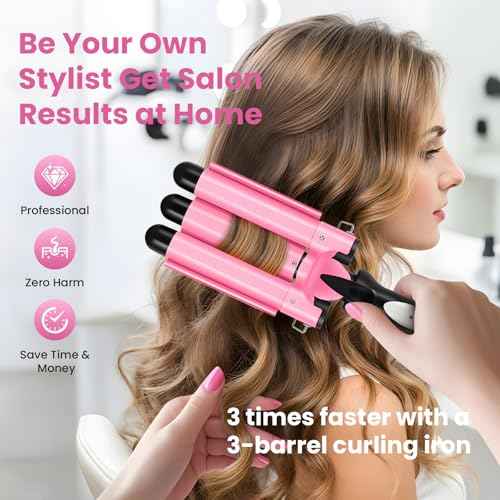 3 Barrel Curling Iron - 1" Professional Ceramic Hair Crimper with Dual Voltage & 2 Temperature Settings | 25mm Triple Barrel Waves Wand for Fast Heating Styling | Pink