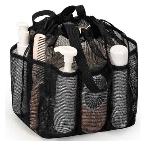 Portable Mesh Shower Caddy ? Hanging Toiletry Bag with Multiple Pockets ? Lightweight Travel Organizer for Bathroom, Camping, and Gym (BLACK)