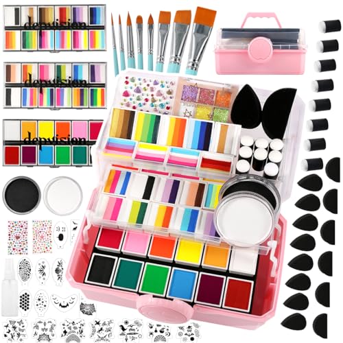 Professional Face Painting kit for Kids Adult Face Painter110 Colors Split Cake Face Paint 96 pcs Set Non-Toxic Washable & Safe with Brushes Sponges Glitter Stencils for Halloween Makeup Kit