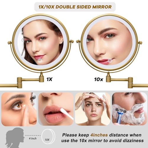 Wall Mounted Lighted 8 Inches Rechargeable Double-Sided 1X/10X Magnifying Mirror for Makeup, 3 Colors Led, Touch Dimmable, Memory Function, 360 Rotation, Foldable, Brushed Antique Brass