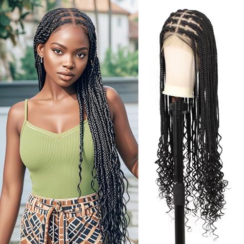 13x8 Inch HD Lace Front Box Knotless braided Wigs With Baby Hair Braided Wig For Women With Boho Curly Ends Black Premium Synthetic 36 Inch