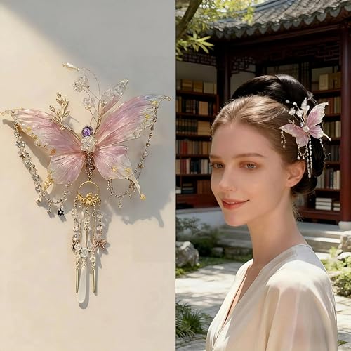 Fairy Butterfly Hair Clip - Pink Butterfly Wings Hair Accessories with Tassel Elven Hair Clamp Elf Claw Clip for Photoshoot Prom Wedding Fantasy Costume Cosplay,Lightweight and Durable