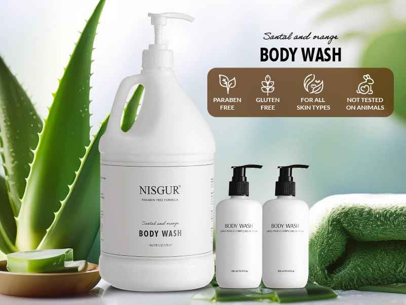NISGUR Hotel Body Wash in Gallon Size 1 Gallon Each Total 2 Gallon Jugs with Extra Pump Dispenser to Refill Wall-mounted and Stand Dispenser Aloe vera, Green Tea Extract Infused Hotel Toiletries