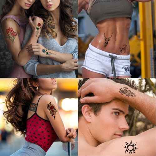 82 Sheets Temporary Tattoos Stickers, Fake Body Arm Chest Shoulder Tattoos for Men and Women, Halloween Temporary Tattoos Black Fake Skull Skeleton Tattoos for Halloween Cosplay