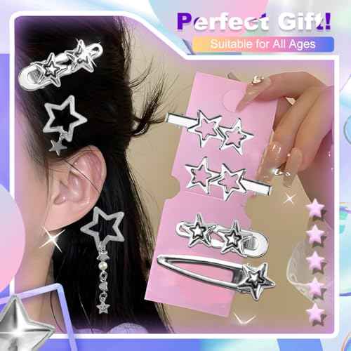 10 Pcs Silver Hair Clips Metal Star Barrettes, 8 Shapes Hairpin Barrettes, Goth Hair Pins Set, Punk 2000s Hair Accessories for Women and Girls Styling Star Hairpin (10 PCS)