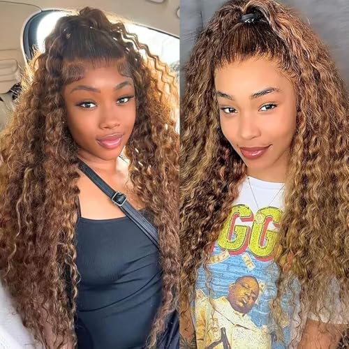 Brown Human Hair Bundles P427 Highlight Honey Blonde Curly Wave 3 Bundles Human Hair 30 32 34 Inch Double Weft Grade 12A Unprocessed Virgin Remy Hair 2 Tone #4 Mixed With Color 27 50g Per Bundle