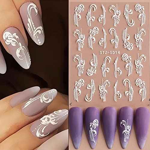 4 Sheets Flower Nail Art Sticker Decals - 5D Stereoscopic Embossed Acrylic Nail Stickers Self-Adhesive Nail Art Supplies White Lace Retro Floral Nail Designs DIY Manicure Decoration for Women Girls