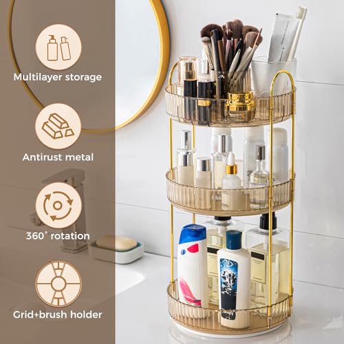 360¡Æ Rotating Makeup Organizer, Upgraded 3 Tier Skincare Perfume Organizers for Women, Bathroom Organizer Countertop, Clear Cosmetic Dresser Organizer with Makeup Brush Holder, Sink&Counter(Amber)