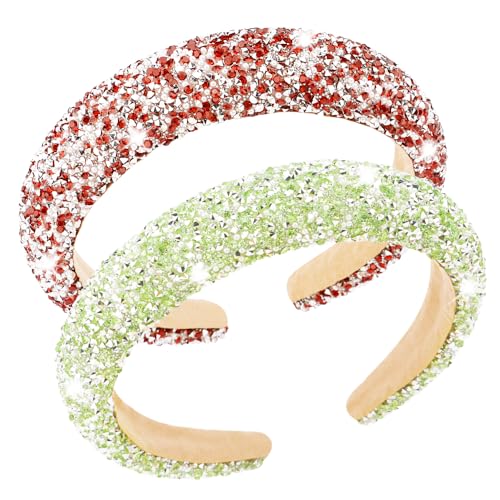 AHONEY 2 Pack Rhinestone Headband Women Girls Thick Padded Headband, Sequin Beaded Pearls Head Band Glitter Cute Headband Birthday Prom Christmas Hair Accessories For Women Girls (Green&Red)