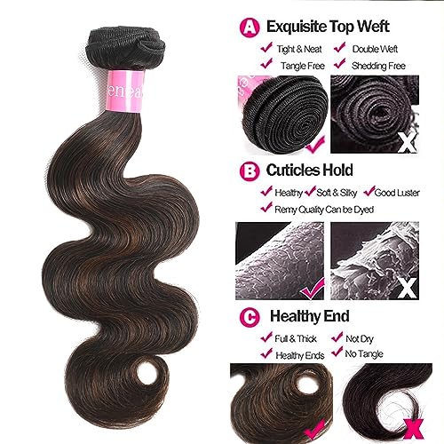 Highlight Brown Body Wave Virgin Hair 3 Bundles 10 12 14 Inch 10A Brazilian Human Hair Extensions Ombre Color Body Wavy Human Hair Weave Bundles (FB30, 10 12 14)