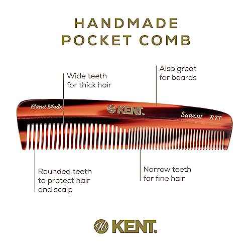 Kent R7T Fine and Wide Tooth Hair Comb, Handmade Pocket Comb for Men, Beard and Mustache Combs for Everyday Grooming and Styling, Sawcut Kent Combs, Made in England