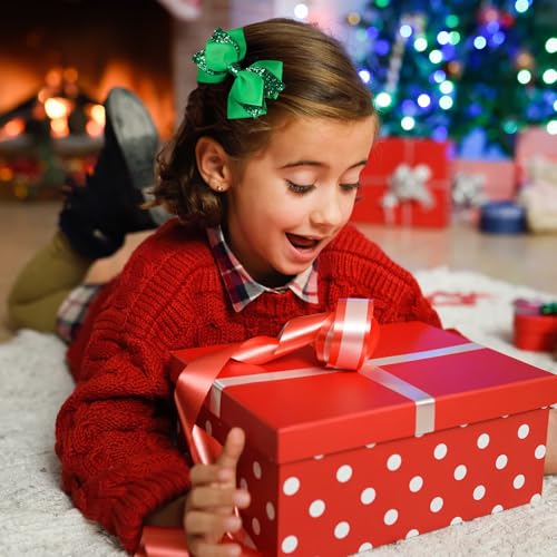 4" Glitter Christmas Green Hair Bow Clips Girls Sparkly Ribbon Sequin Bow Cheer Barrettes Alligator Hairpins for Teens Toddler Kids St Patrick's Day Easter outfit Dress Decor Accessories Gift