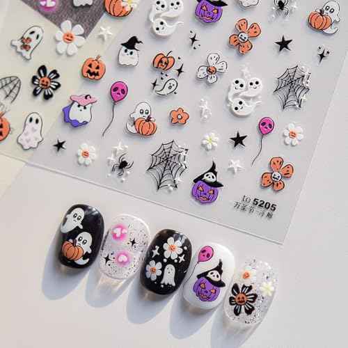 5D Embossed Halloween Nail Art Stickers Cute Ghost Nail Decals Self-Adhesive Pumpkin Skull Flower Spider Web Nails Design Stickers Halloween Nails Supplies for Women Holiday Manicure Decorations