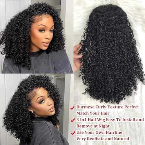 MISSJAY Kinky Curly Half Wig Human Hair 18 Inch 3 In 1 Seamless Flip Over Half Wigs 200% Density Beginner Friendly Drawstring Headband Wig Wear And Go Glueless Wigs for Women