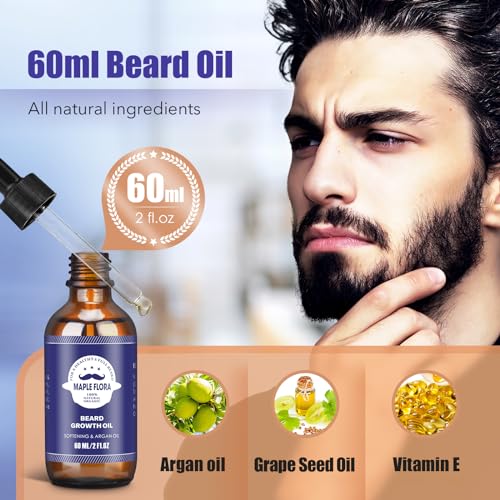 Beard Gift Kit - Oil,Wash,Conditioner, Roller (Needle Length: 0.25mm) for Beard, Storage Bag,Mustache Gifts Set for Boyfriend Husband Fathers Dad Men Him