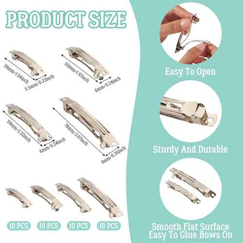 40Pcs Iron Barrette Hair Clips 4 Sizes Metal Silver French Barrette Findings for DIY Hair Accessories Making