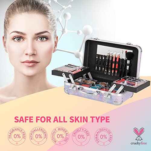 Hot Sugar All In One Makeup Set for Teenager Girls 10-12 Full Makeup Kit for Beginners Includes Eye Shadow Palette Blush Lip Gloss Lipstick Eye Pencil Brush Mirror (Purple Heart)