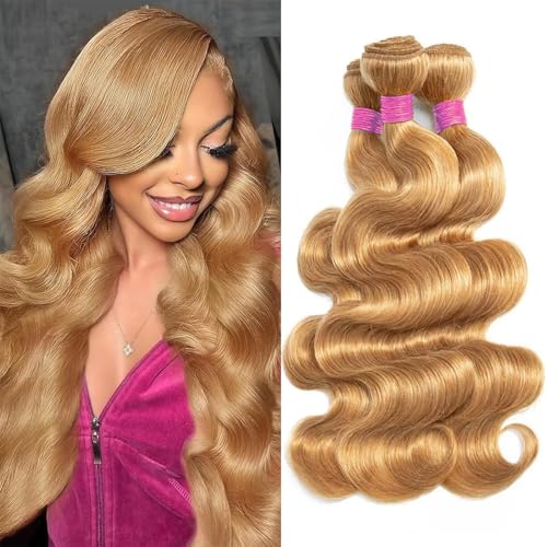 Vallbest Honey Blonde Bundles Human Hair #27 Body Wave Bundles 16 18 20 Inch 3 Bundles 100% Unprocessed Brazilian Virgin Hair 12A Virgin Raw Remy Weave Human Hair Extensions for Women