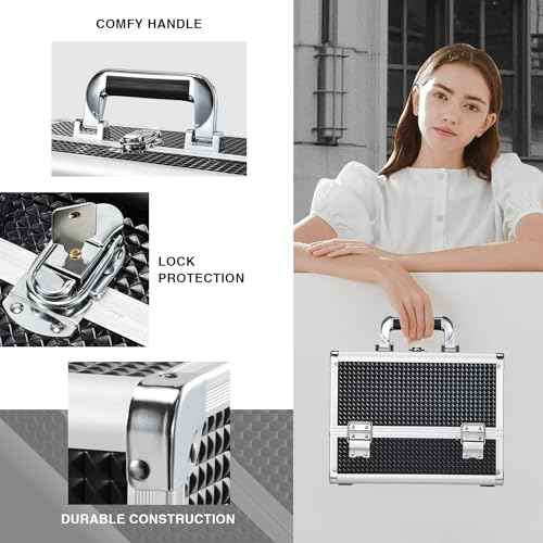 Joligrace Makeup Train Case Makeup Case 3-Tray Cosmetic Box with Mirror, Shine Black, 11.8-in Large Makeup Box with Detachable Brush Holder, Lockable Portable Makeup Travel Organizer Case