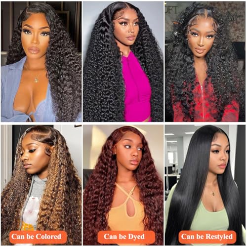 24 Inch Deep Wave Lace Front Wigs Human Hair 13x6 HD Lace Front Wigs for Women Natural Color Deep Curly Human Hair Wig 180% Density Transparent Lace Frontal Wig Pre Plucked